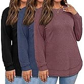 Oakgarden 3 Pack Women's Plus Size Sweatshirts, Long Sleeve Cotton Tees Crew Neck Pullover Shirts Tunic Curved Hem T-Shirts