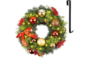 Glory Island Pre-lit Christmas Wreath, 14.5 Inch Xmas Wreath with Bow, Red Berry, Battery Operated Warm White 40 LED Lights, Christmas Decorations Lighted Wreath for Front Door Wall