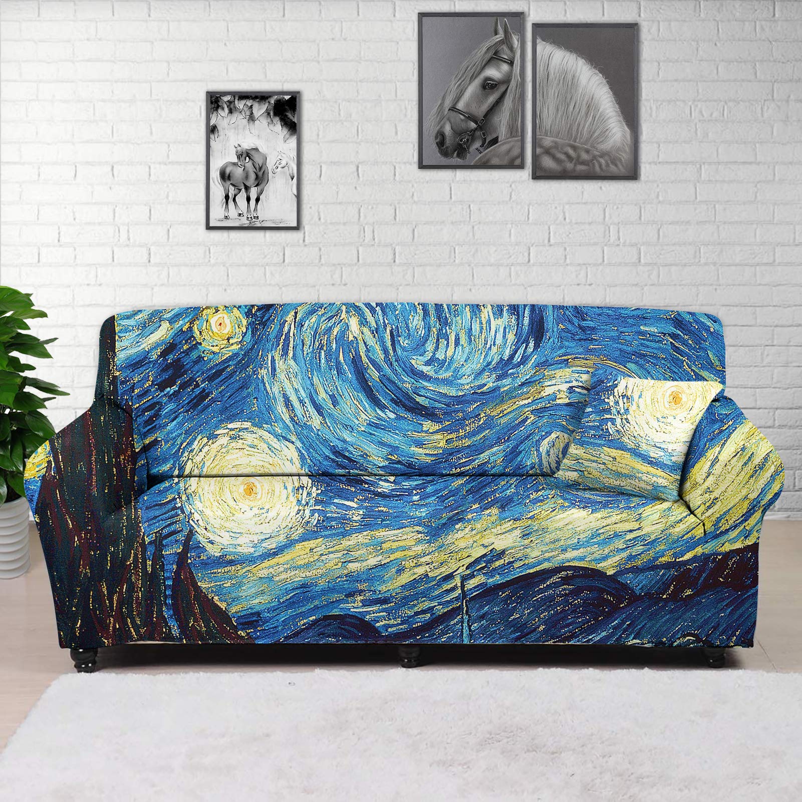 HUGS IDEA Starry Night By Vincent Van Gogh Super Stretch Sofa Slipcover, Spandex Jacquard Fabric with Elastic Bottom for Dogs, Cats, Kids Washable for 1 Cushion Sofa