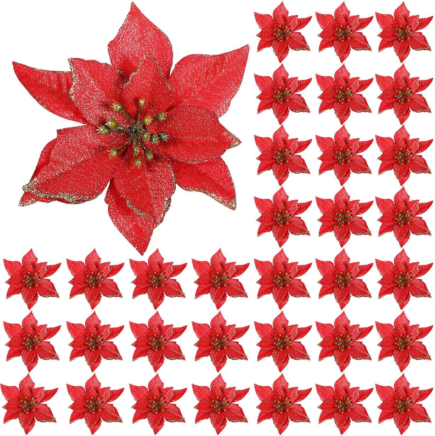 Ornaments - 45 Pieces Christmas Poinsettia Decorations Glitter Poinsettia Flowers Christmas Tree Flowers Red Gold White Silver for Xmas Tree Ornaments, 5 Inch (red)