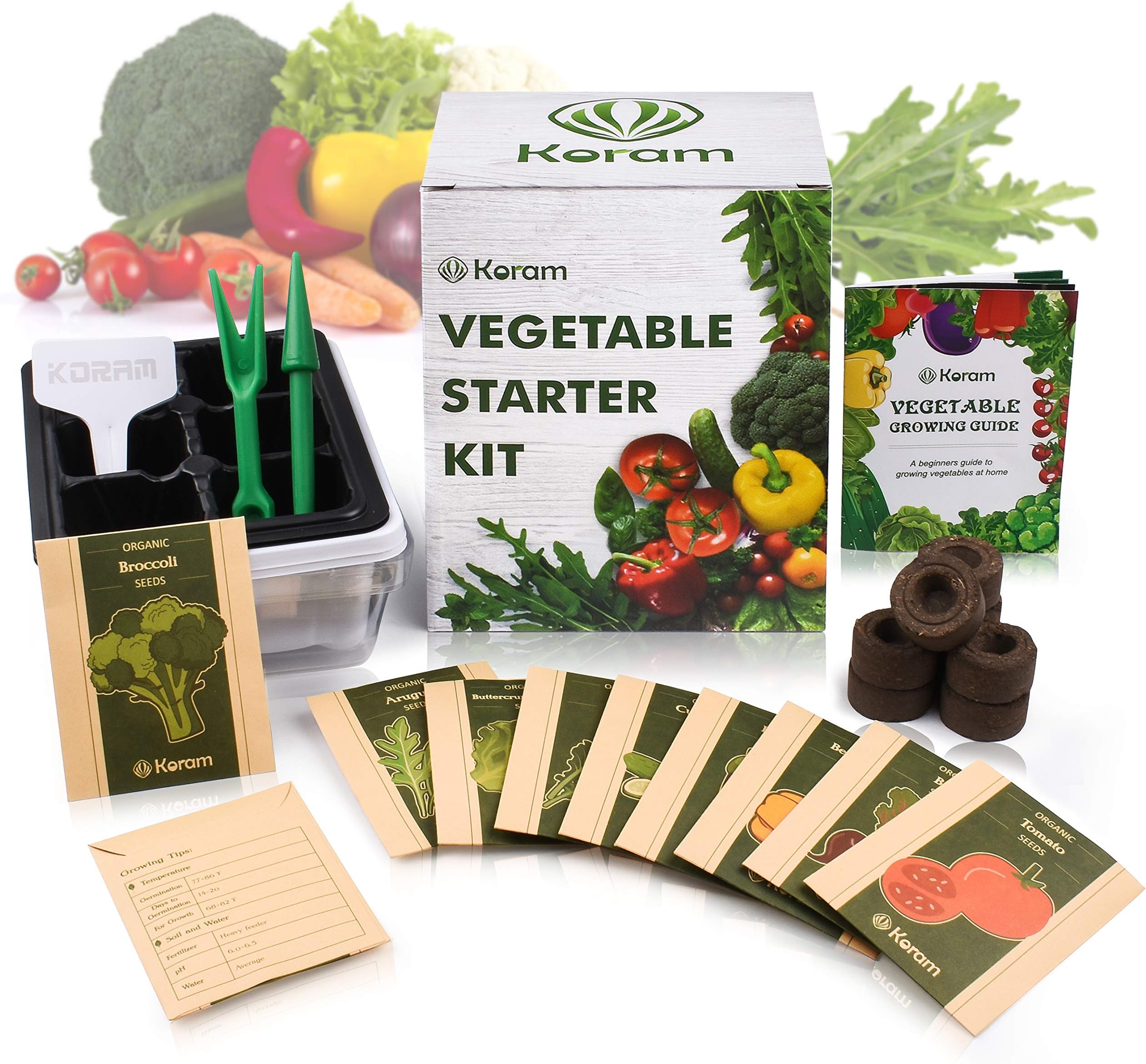 KORAM Vegetables Seed Kit - Salad Seed Growing Kit 10 Veg Seed Packets Garden Starter Kit with Seed Tray, Soil & Gardening Tools for Growing Tomatoes Broccoli Cucumber Beets Kale Eggplant