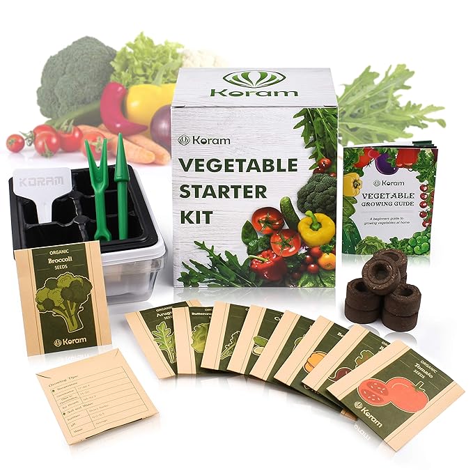 KORAM Vegetable Garden Starter Kit - 10 Organic Salad Seeds Organic Growing Kit DIY Gardening Starter Set with Everything a Gardener Needs for Growing Tomatoes Peppers Broccoli Cucumber Beets Kale best gardening gifts