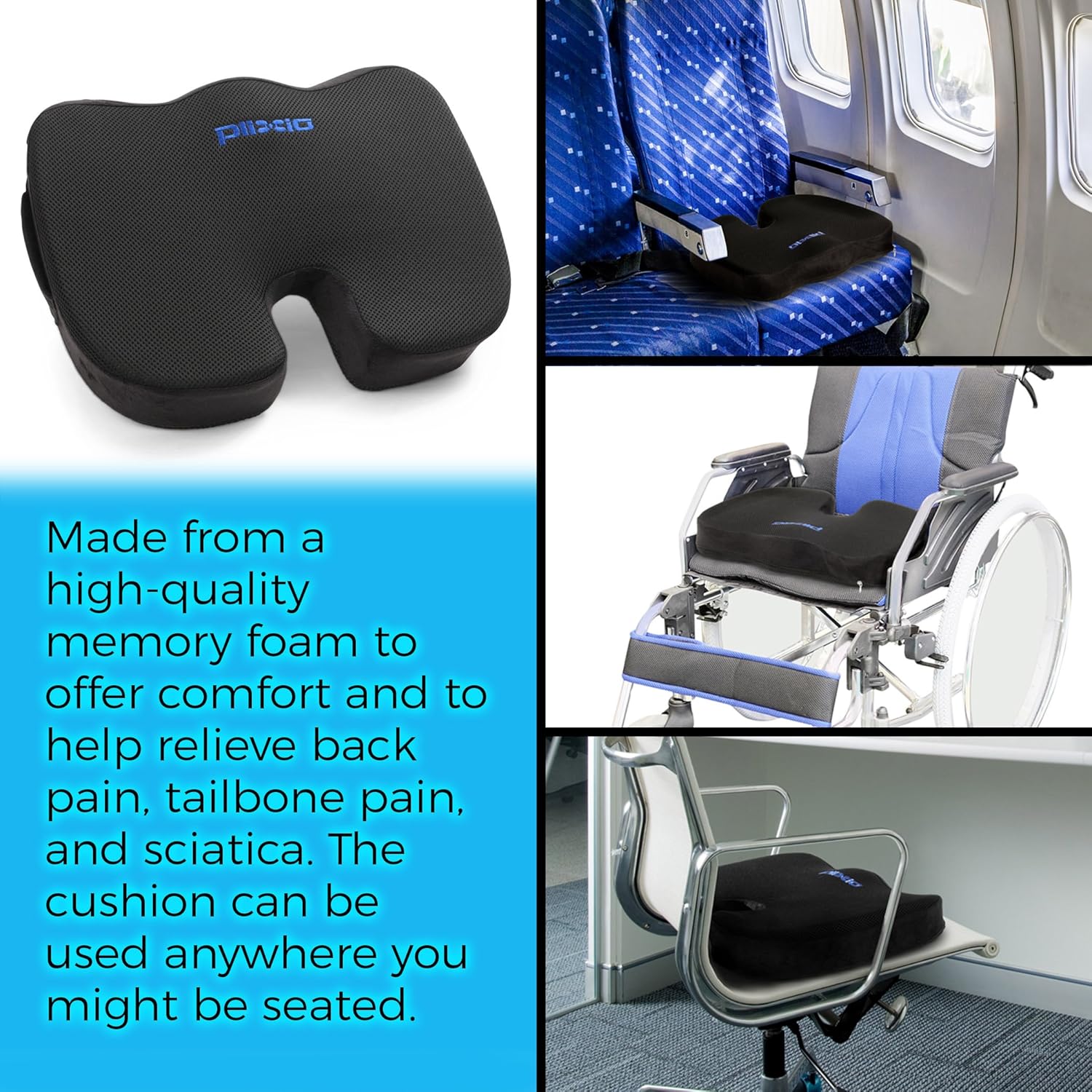Plixio Gel Seat Cushion Memory Foam Chair Pillow with Cooling Gel for Sciatica, Coccyx, Back & Tailbone Pain Relief - Orthopedic Chair Pad for Support in Office Desk Chair, Car, Wheelchair & Airplane: Home & Kitchen