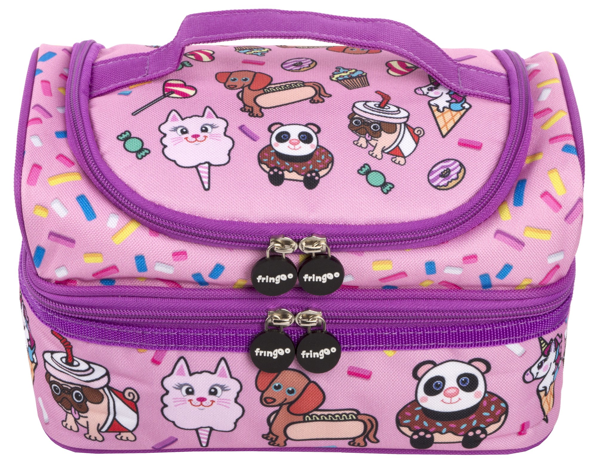 Fringoo® Multi-Compartment Kids Lunch Bag Thermal Insulated Cooler Bag School Nursery Double Decker Food Snacks Carrier (Animal Treats)