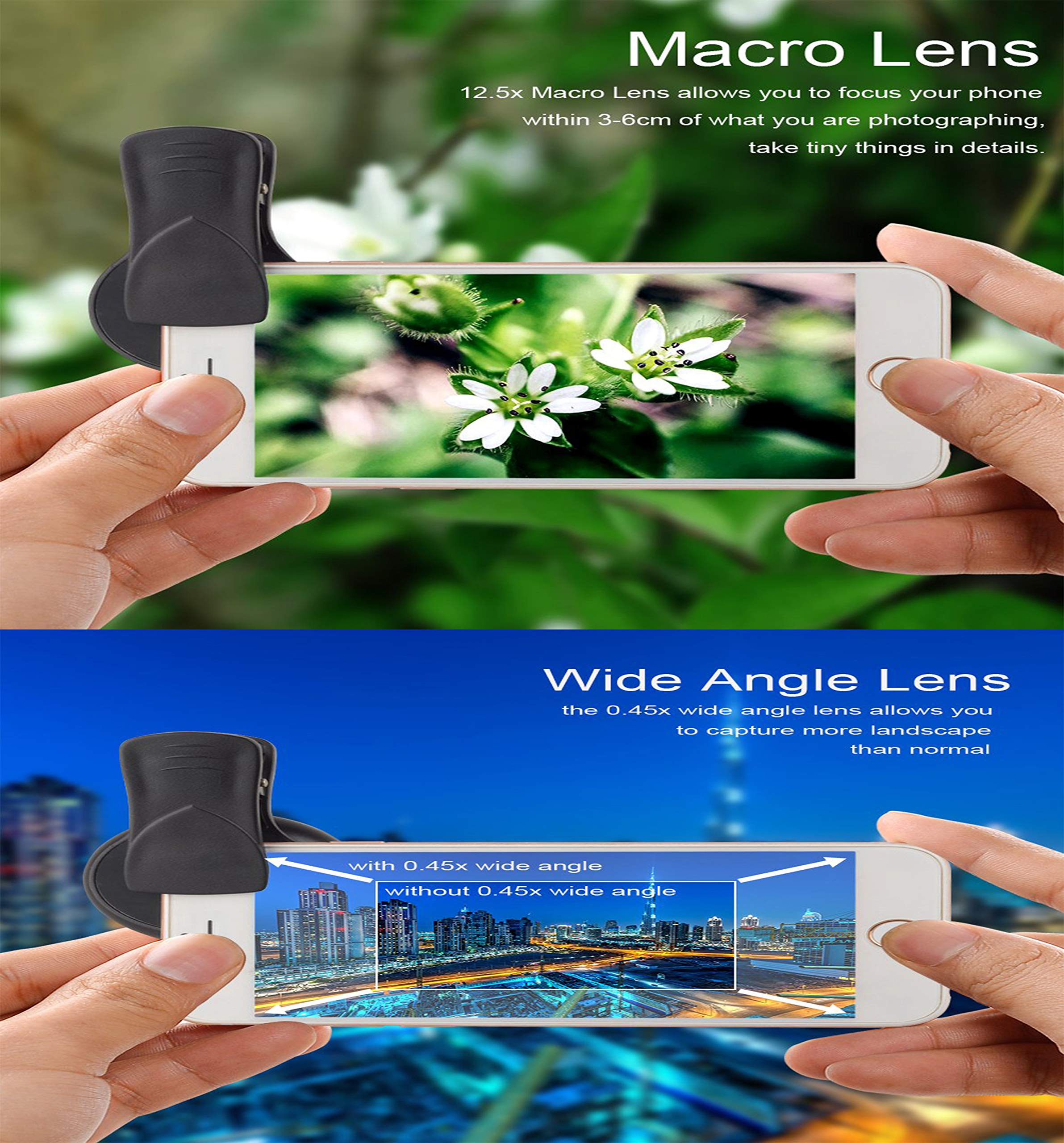 PIANUO Pro Lens Kit for iPhone and Android 0.45X Super Wide Angle Lens & 12.5X Macro Lens 2 in 1 HD Cell Phone Camera Lens Kit for iPhone X 8 7 6S 6S Plus 6 5S Samsung Android Smartphones