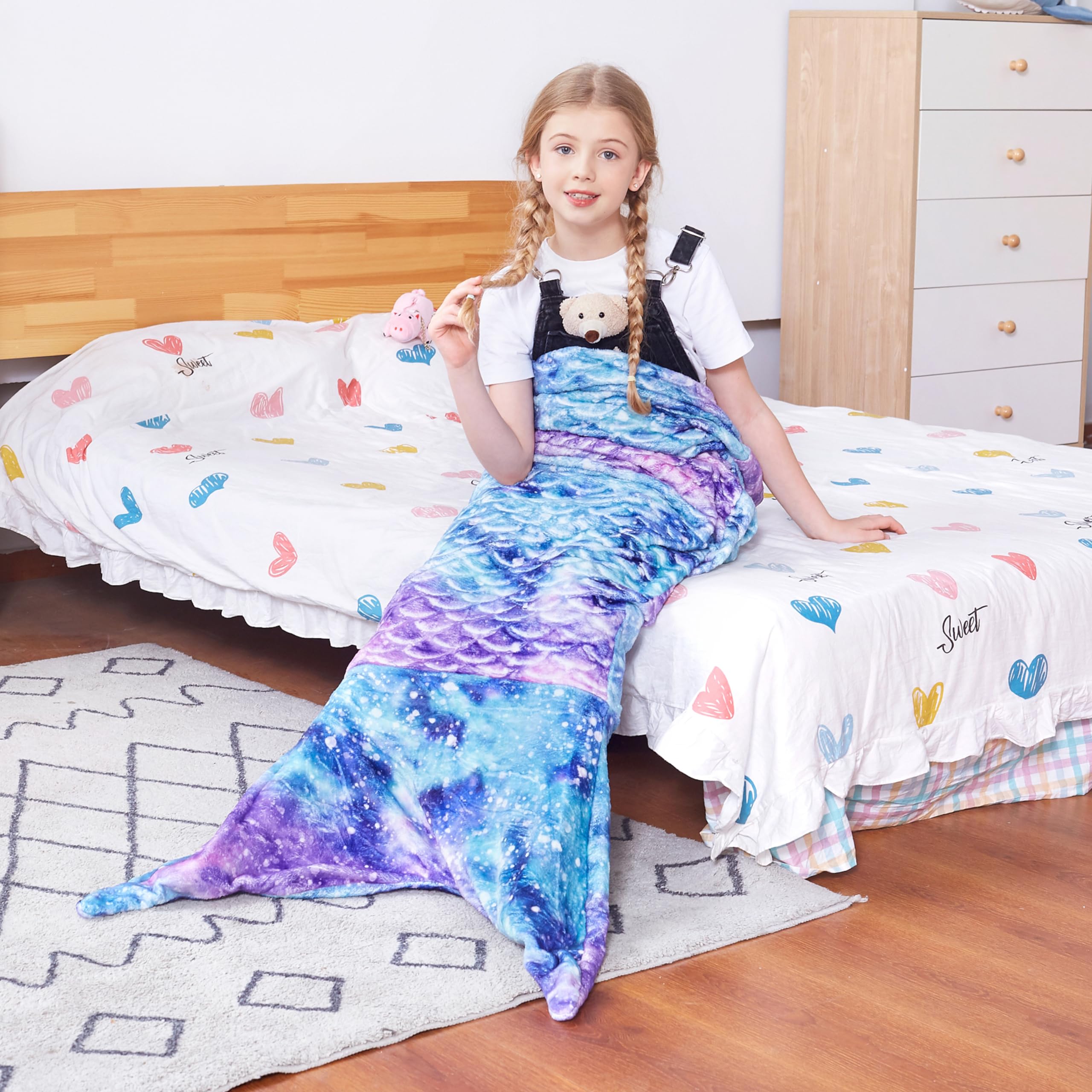 Catalonia Kids Mermaid Tail Blanket, Super Soft Plush Flannel Sleeping Snuggle Blanket for Girls, Galaxy, Fish Scale Pattern, Kids Gift Idea