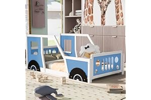 MERITLINE Kids Floor Bed Twin Size Platform Bed with Car-Shaped and Wheels, Wooden Twin Bed Frames with Doors and Windows, Twin Car Bed with Slat Support for Kids Boys Girls, No Box Spring Needed,Blue