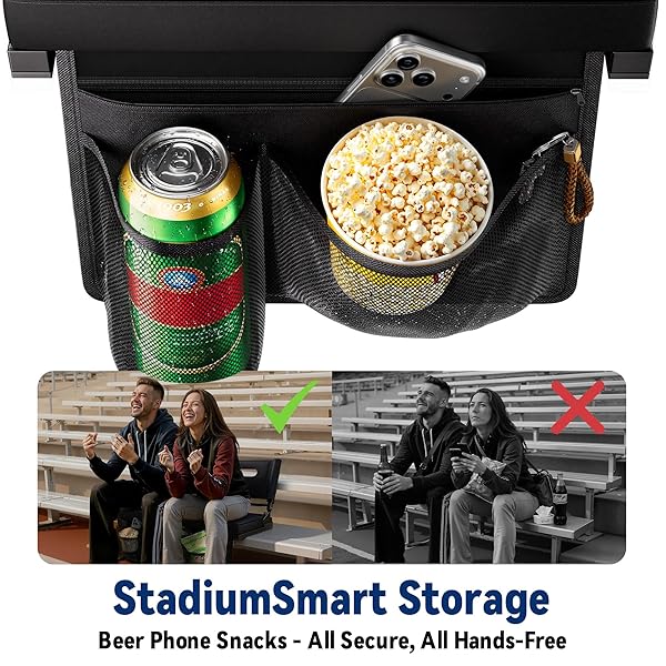 STADIUM SEATS WITH BACK SUPPORT FOR BLEACHER, PORTABLE 5-ANGLE AND ADJUSTABLE HEIGHT THICK CUSHION SEAT WITH CUP HOLDER STORAGE BAG, INCLUDES SHOULDER STRAP, USED FOR SPORTS EVENTS AND CONCERTS