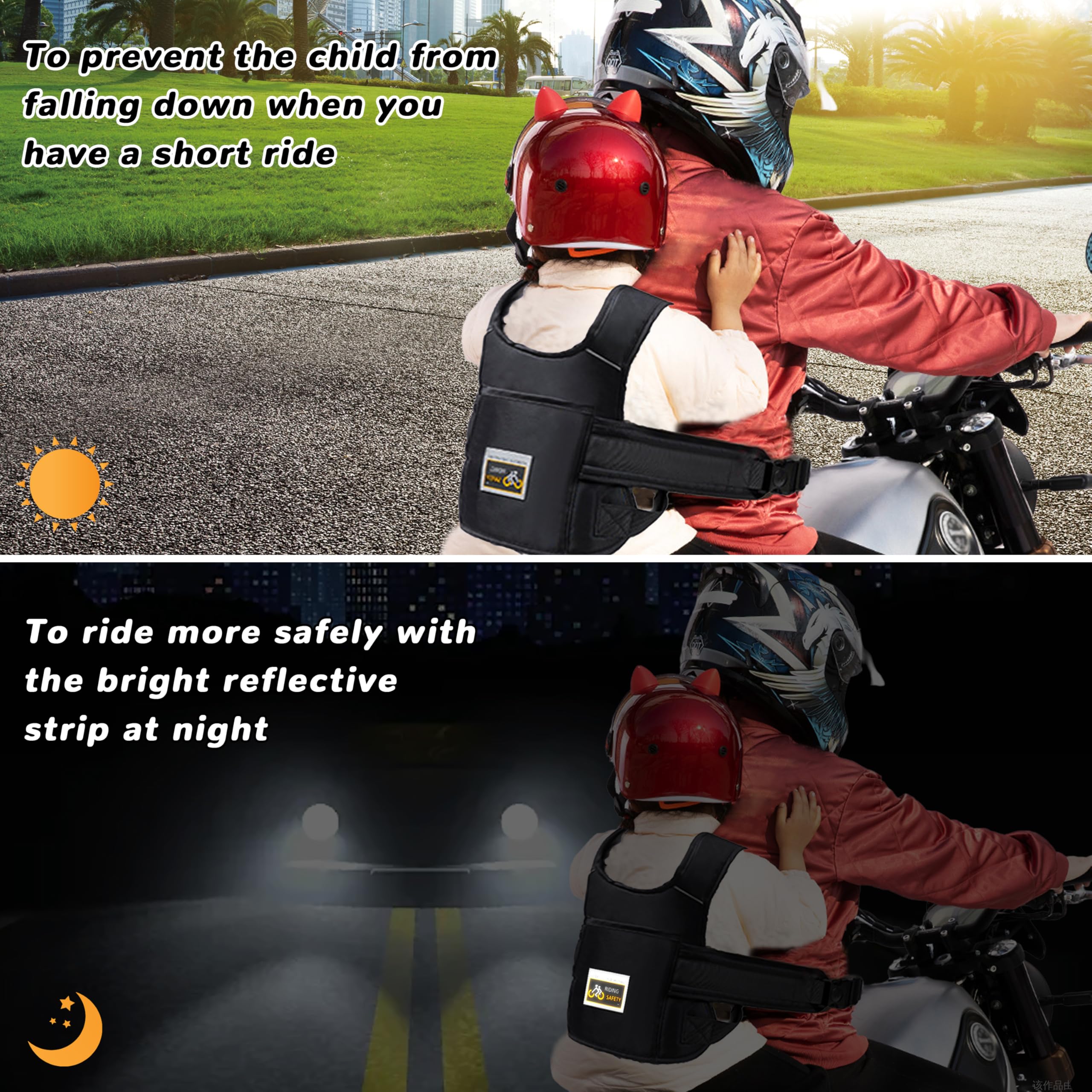 Child Motorcycle Safety Harness Reflective Strip, Reflective Child Motorcycle Harness Adjustable, Safety Harness For Kids & Toddlers Aged 3-12 Years - Black