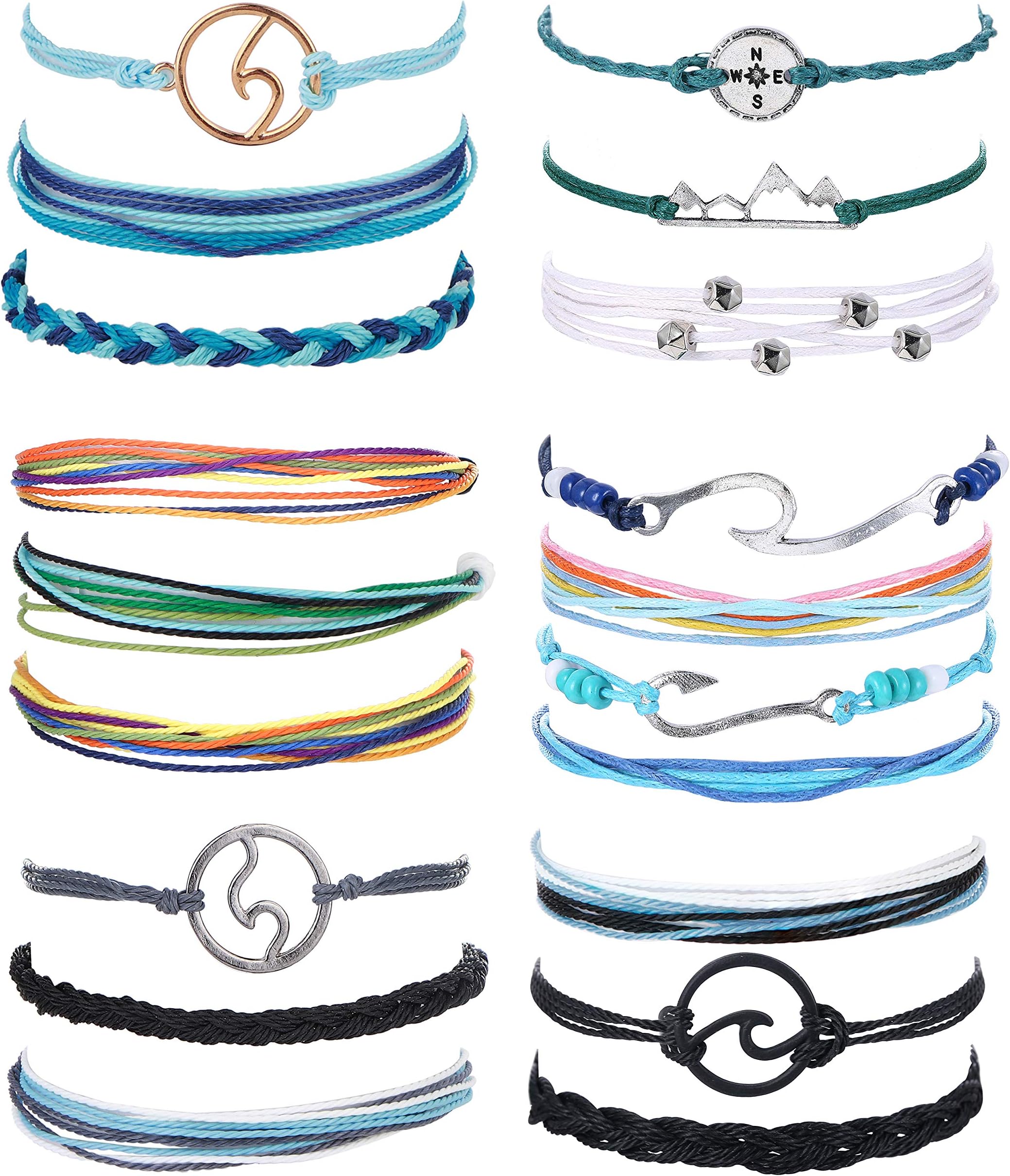19 Pcs Surfer Wave Strand Bracelet for Womens Mens Beach Wax Wrap Rope Bracelet Anklet Set Adjustable Friendship Handcrafted Waterproof Fashion Charm Jewelry