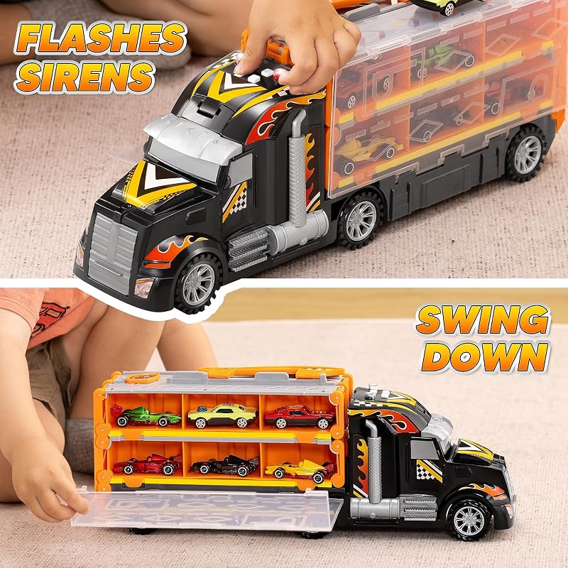 Camiones Juguete para Niños, 12 Vehículos de Juguete de Metal Fundido a presión con 2 lanzadores, Juguete Plegable Street Racer con Luces y Sonidos, Regalo para niños de 3 años en adelante