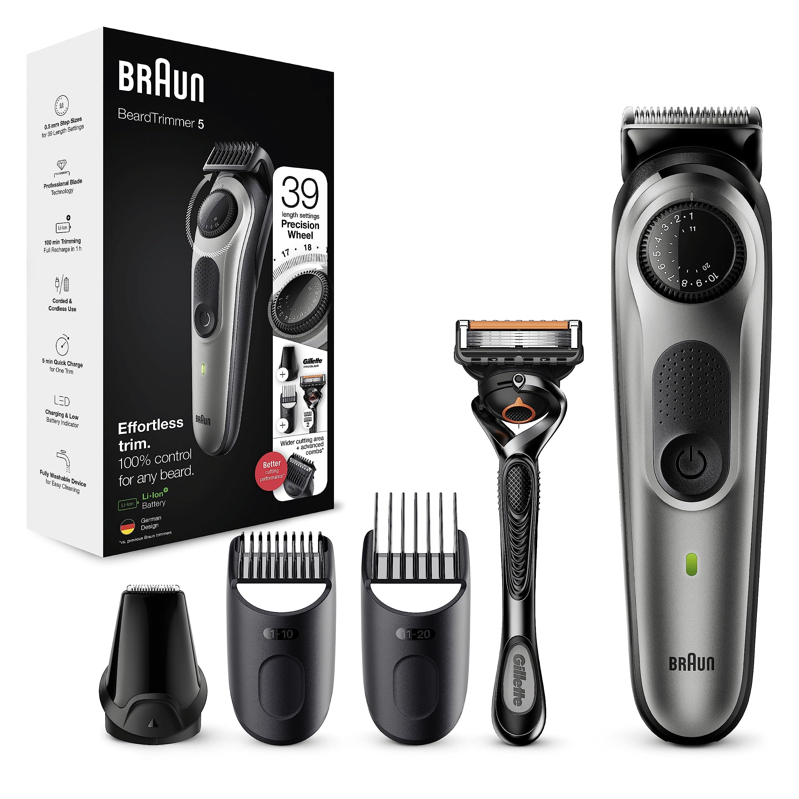 Braun Beard Trimmer Series 5 & Hair Clippers with Gillette Fusion5 ProGlide Razor, 39 Length Settings, UK 2 Pin Plug, BT5260, Black/Silver