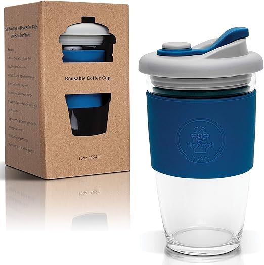 Amazon Com Mr Cuppie Glass Reusable Coffee Cup With Lid Travel Mug With Non Slip Sleeve Dishwasher And Microwave Safe Portable Durable Drinking Tumbler Space Blue 16oz Kitchen Dining