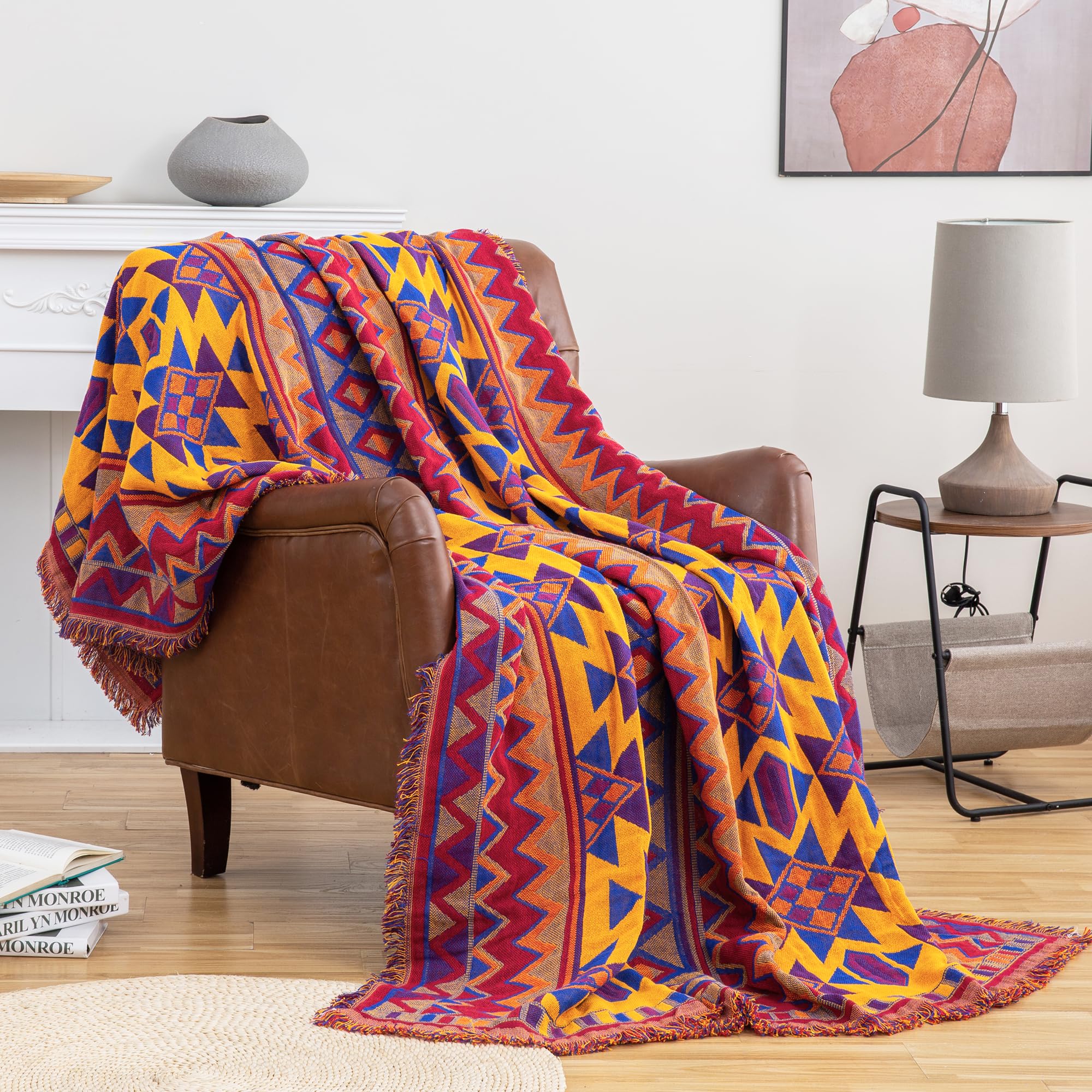 VANJOROY Bohemian Sofa Large Throw Blanket For 2 3 Seater-Extra Large Throws for Settees, 100% Handwoven Thick Cotton Luxury Reversible Throw for Armchair Couch and Bed (180 x 230cm)