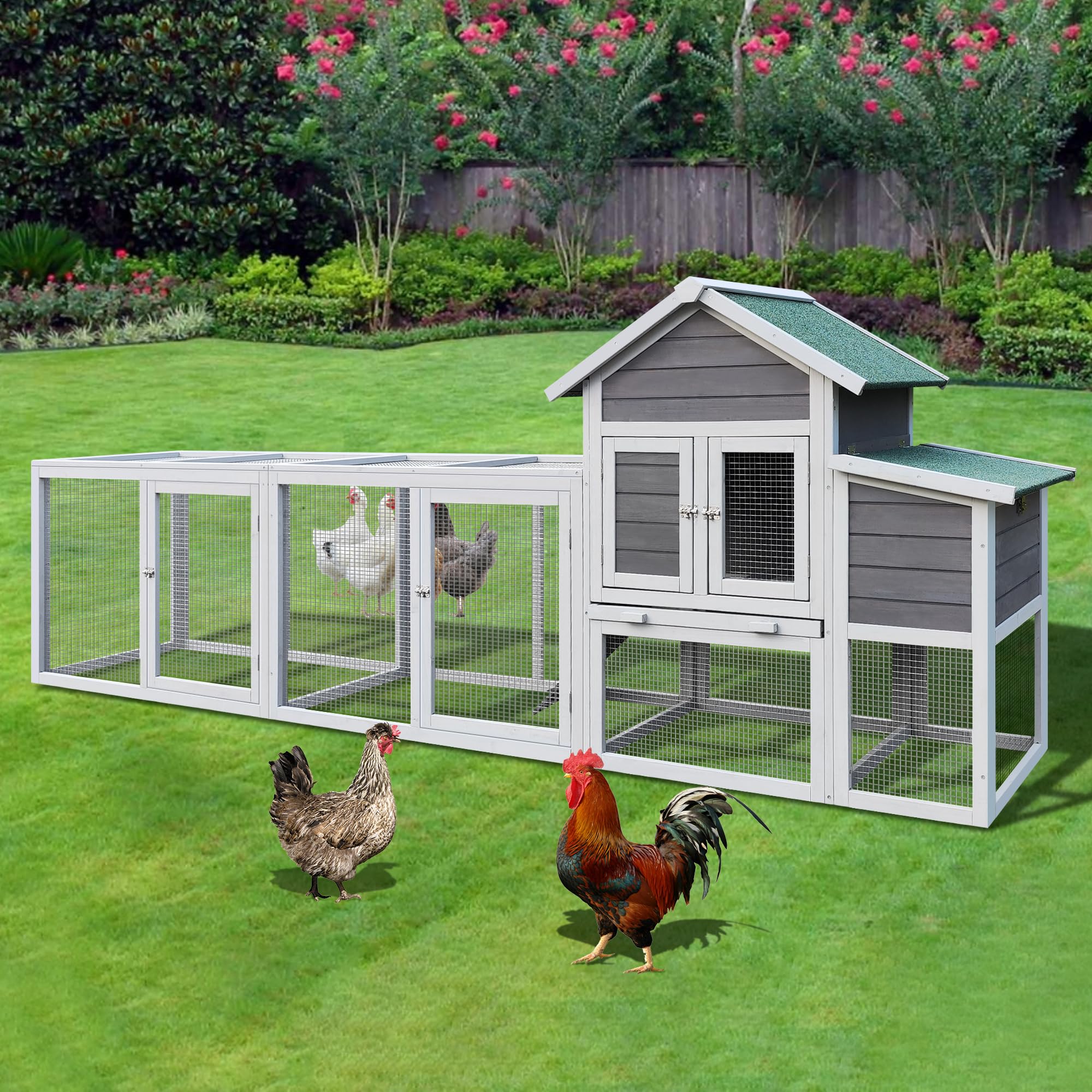 Photo 1 of YOPTO 122" Large Chicken Coop with Run,Outdoor Chicken Run W/Nesting Box & Perch,Wooden Hen House W/Ramp & Sliding Trays,Waterproof Poultry Cage W/Sloped Asphalt Roof,for 3-4 Chickens,Gray
