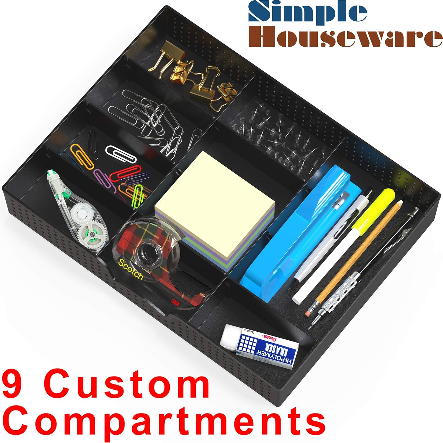 Simple Houseware Drawer Organizer Tray with 9 Adjustable Compartments, Black : Office Products