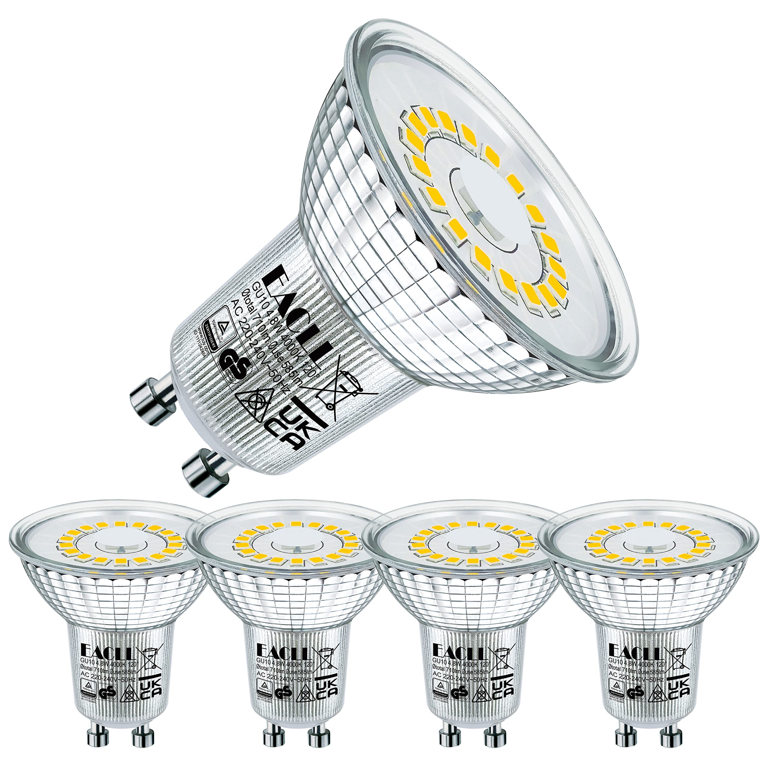 EACLL GU10 LED Bulbs Neutral Daylight White 4.8W 4000K, 50W Halogen Lamp Equivalent. 710 Lumen Energy Saving Light Source, Wide Beam 120° Spotlight, No Flicker Non-dimmable Reflector Bulb, Pack of 4