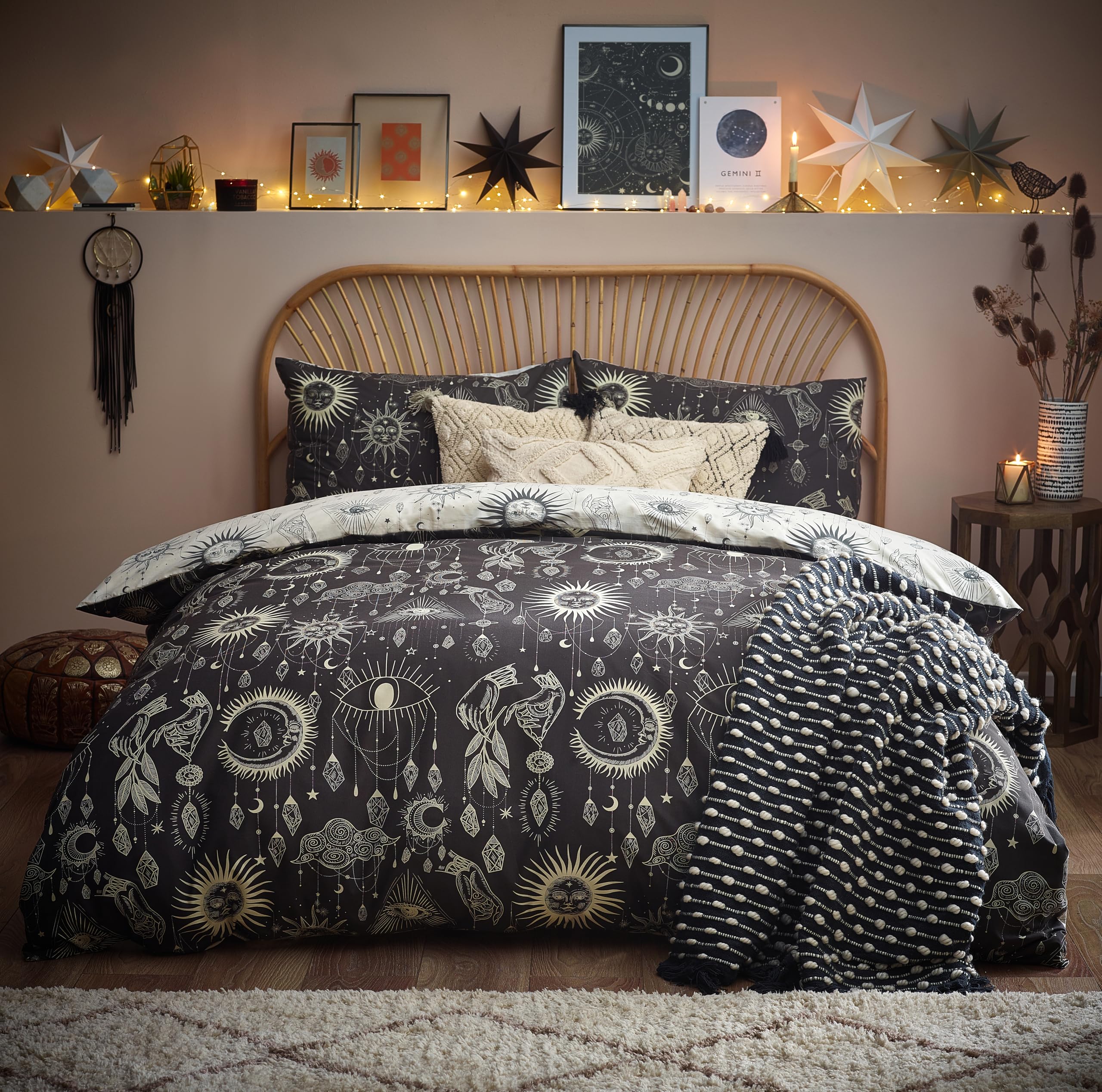 furn. Constellation Duvet Cover Set – Celestial Galaxy Print with Stars & Moons, Reversible Polycotton Bedding (Charcoal/Cream – Double)