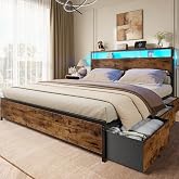 Forestell Queen Bed Frame with 2-Tier Storage Headboard &amp; 6 Drawers | Platform Bed with Heavy Duty Slat Support, Charging Station &amp; LED, USB, Type-C &amp; AC Ports, Noise-Free, No Box Spring, Brown