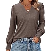 Uhiger Womens Tunic Tops Long Sleeve Blouses for Women Dressy Casual V Neck Tops Shirts Trendy with Smocked Cuffs