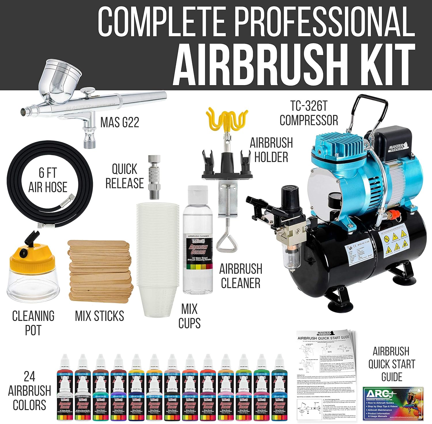 Master Airbrush Cool Runner II Dual Fan Air Tank Compressor System Deluxe Kit with Gravity Feed Airbrush, 24 Color Acrylic Paint Artist Set, Hose, Holder, Cleaning Pot, Mixing Cups Sticks How-To Guide: Home & Kitchen