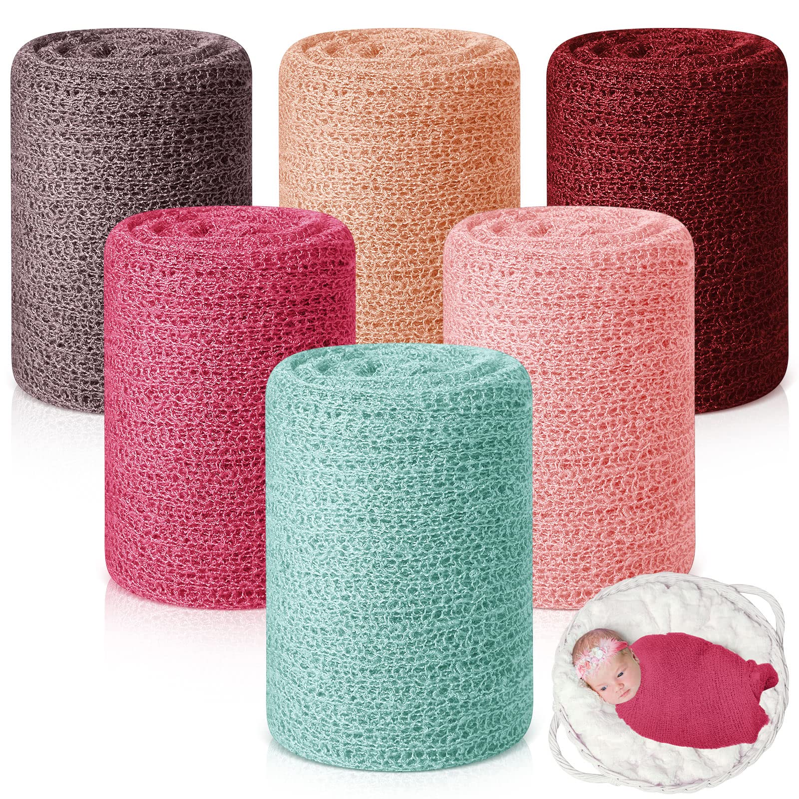 Photo 1 of Tudomro 6 Pcs 15.8 x 59'' Newborn Baby Stretch Wraps Set 6 Colors Baby Photography Props Unisex Newborn Long Ripple Wrap Photo Blanket for Girl Boy Christmas DIY Photography(Vivid Color)