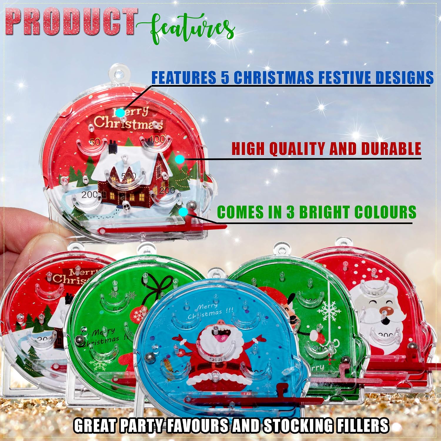 THE TWIDDLERS 50 Pack Mini Christmas Pinball Games for Kids, 6cm Handheld Fidget Toys in 5 Assorted Festive Designs - Image 3