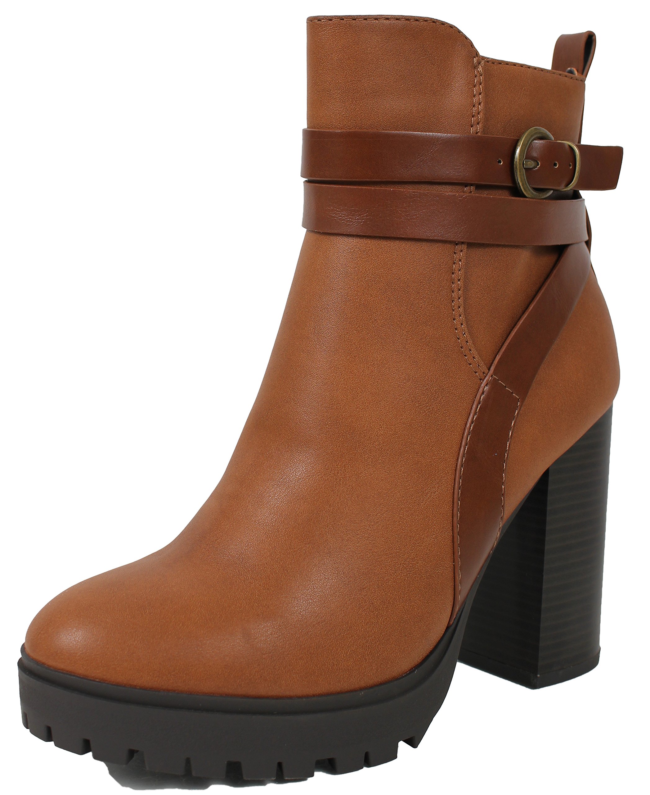 City Classified Women's Strappy Lug Platform Stacked Block Heel Ankle Bootie Cognac - Image 4