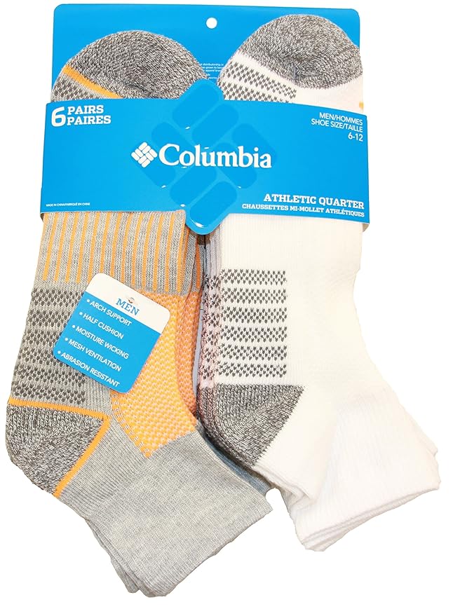 Columbia Men's 1/2 Cushion Quarter Arch Support Poly Blend Sock, 6 Pair