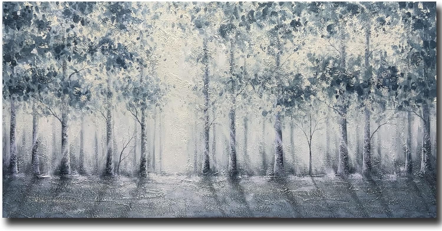 Paintings - V-inspire art, 24x48 Inch Modern Impressionist Tree art 100% Hand Painted Canvas Wall art Oil Painting Large Blue Grey Paintings Acrylic Paint Knife Painting Living room Bedroom Decoration