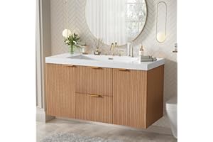 42" Single Sink Bathroom Vanity Wall Mounted Floating Cabinet, Modern Wood Grain Storage Set with SMC Top and Gold Handles
