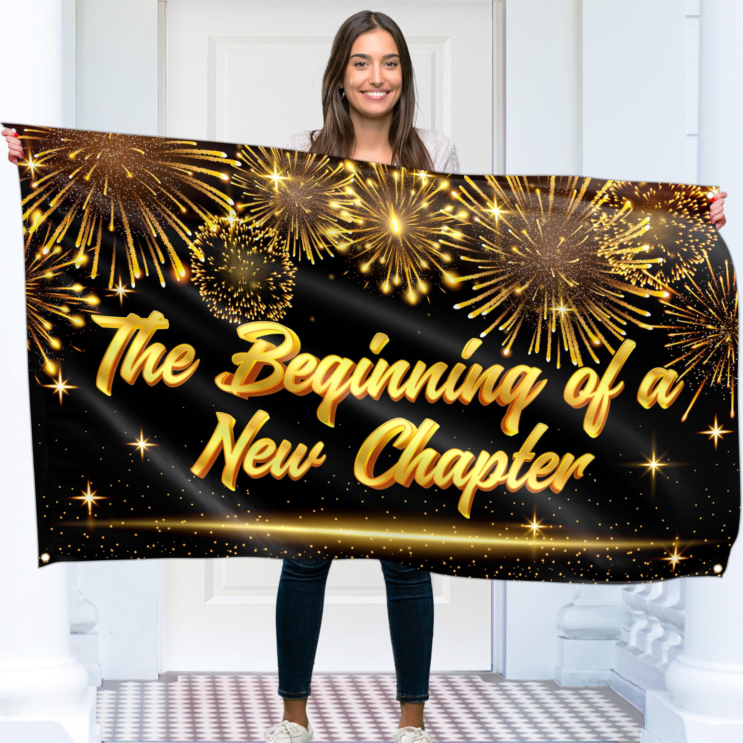 The Beginning of a New Chapter Banner - Black & Gold Happy Retirement Decorations 5ft x 3ft - Good Luck Farewell Banner