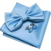 GUSLESON Mens Solid Color Double Fold Pre-tied Bow Tie and Pocket Square Cufflink Set with Gift Box