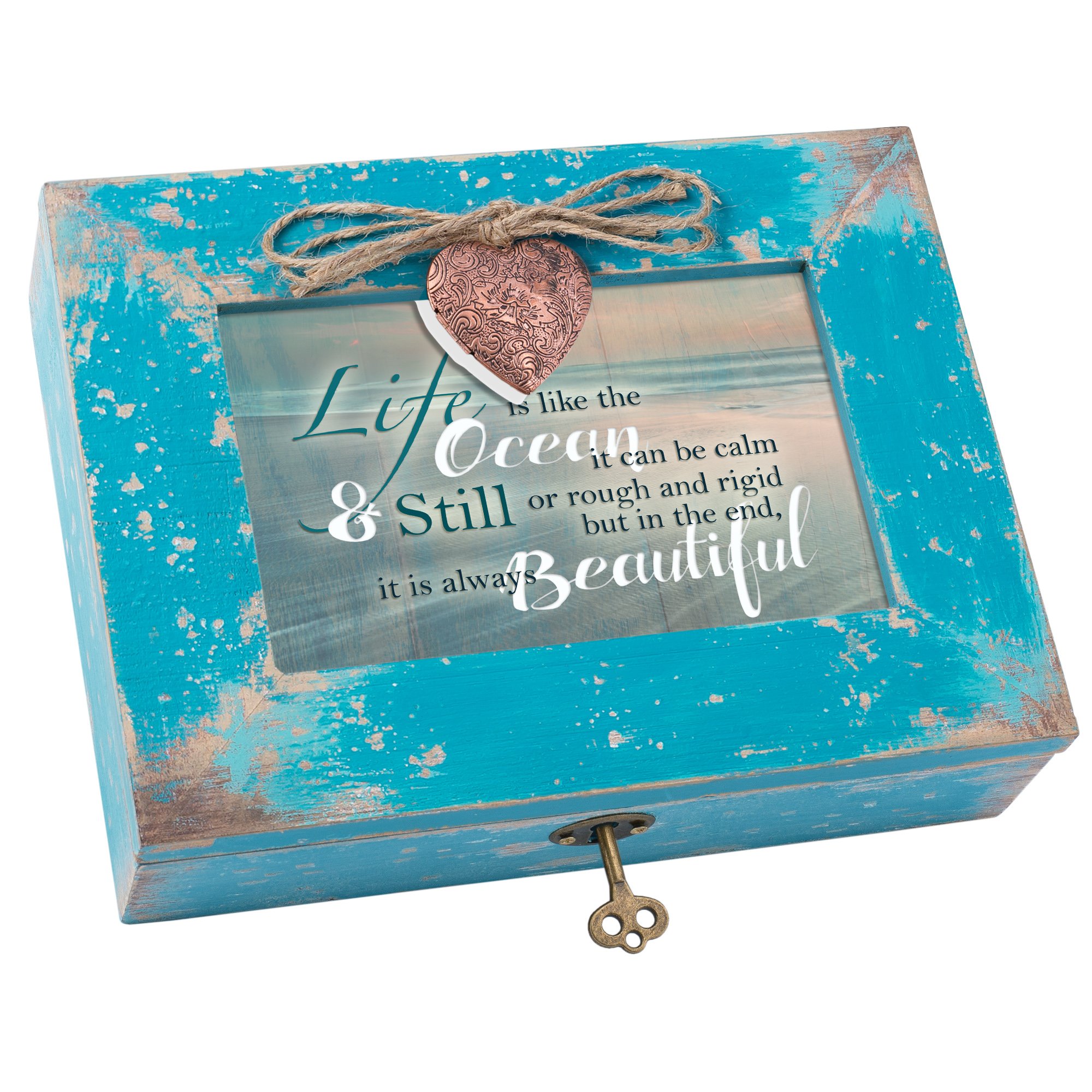 Cottage Garden Life Like Ocean Beautiful Calm Still Teal Distressed Jewelry Music Box Plays Wonderful World