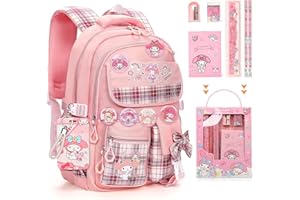 Ensccant Backpack for Girls with Accessories - Anime Schoolbag Cartoon Backpack Laptop Bookbags Anti-Theft Travel Aesthetic New Semester Gifts Bag with Pins,ID Badge Holder,Stationery