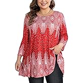 splensive Womens Tunic Tops 3/4 Sleeve Plus Size Crew Neck Swing Flare Loose Fit T-Shirt Blouses to Wear with Leggings