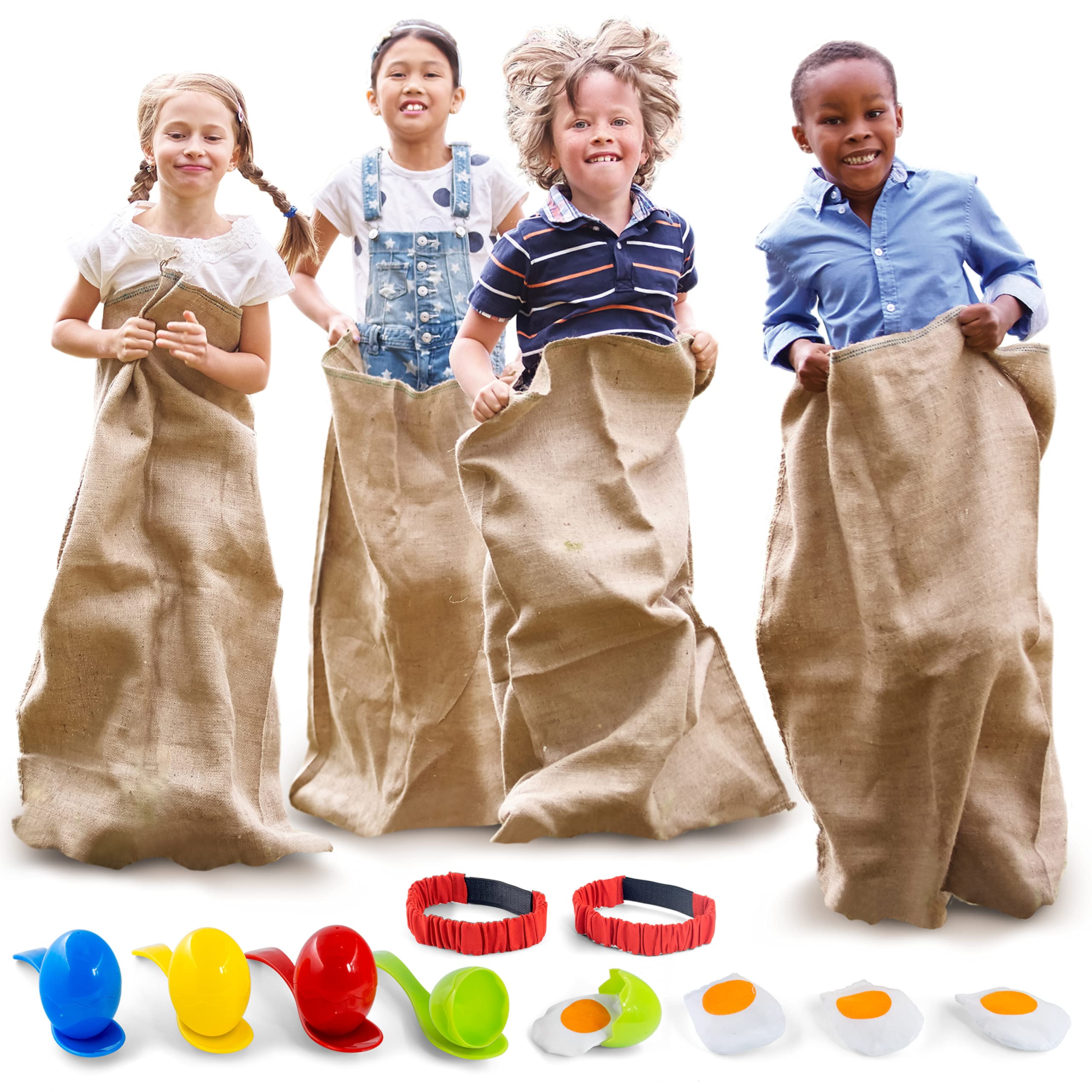 Shop Square Outdoor Field Day Games, Potato Sack Race Bags for Kids and Adults, Egg and Spoon Race, 3 Legged Race Bands - with Storage Bag