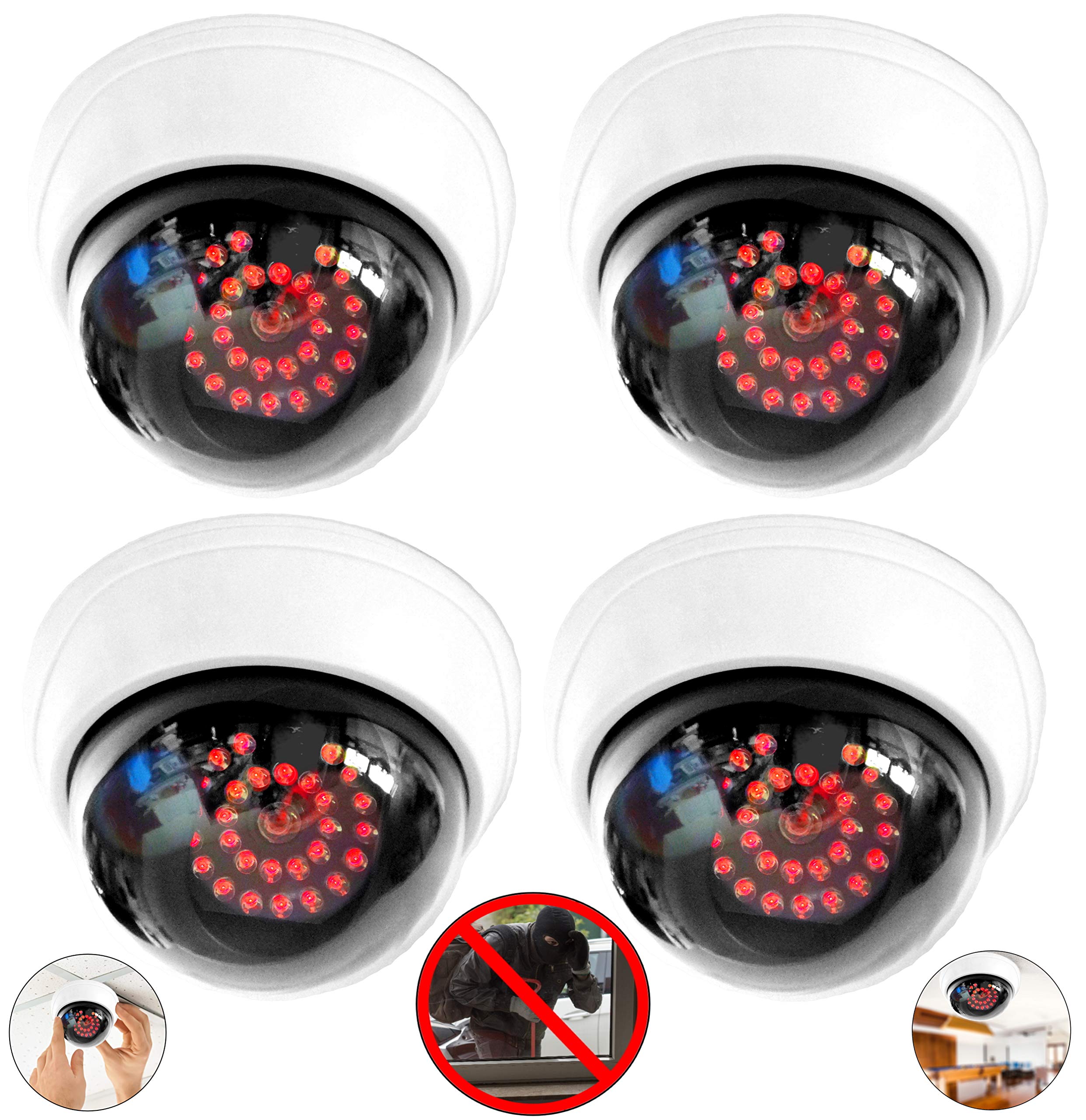 4 x Camera Dummy with 25 Red LEDs IR Steel Dummy with Lens Surveillance Camera Fake Camera Deceptively Real for Wall Ceiling White