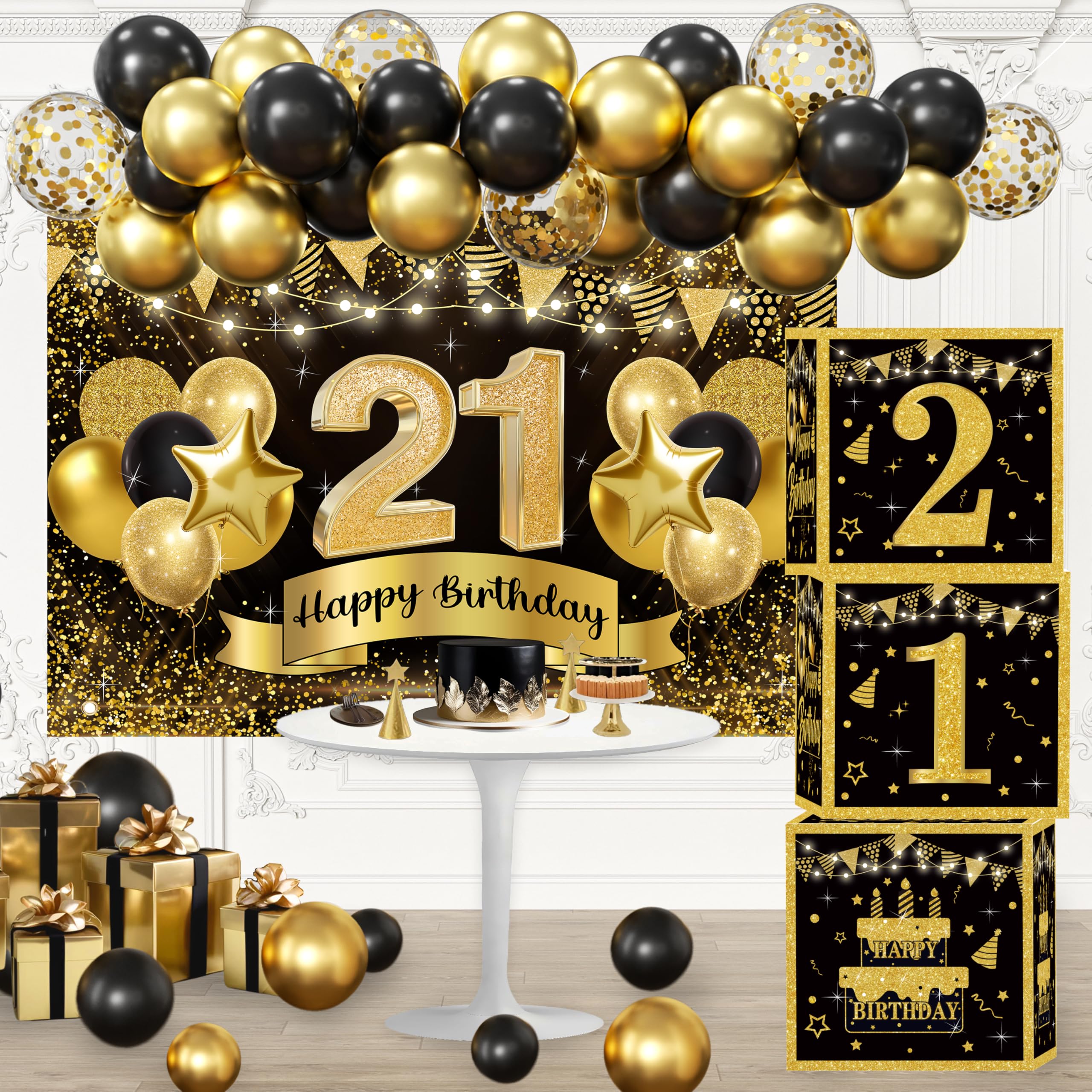 Photo 1 of 21st Birthday Decorations for Men - happy Birthday Party Backdrop, Black Gold Balloon Arch Kit, 21 Number Boxes Decor Set for boys Party Supplies