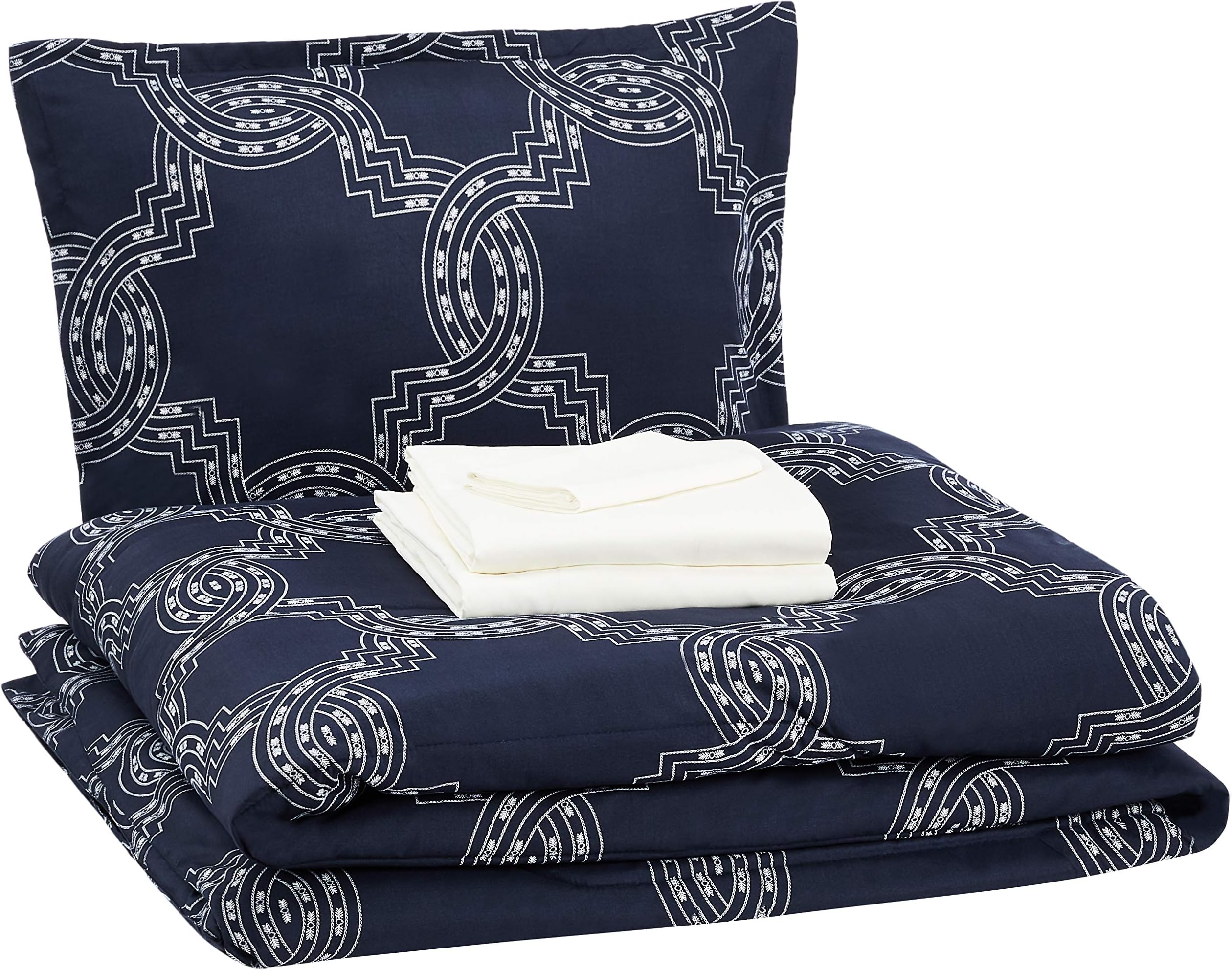Amazon Basics 6-Piece Ultra-Soft Microfiber Bed-In-A-Bag Comforter Bedding Set - Twin/Twin XL, Navy Nautical Knot