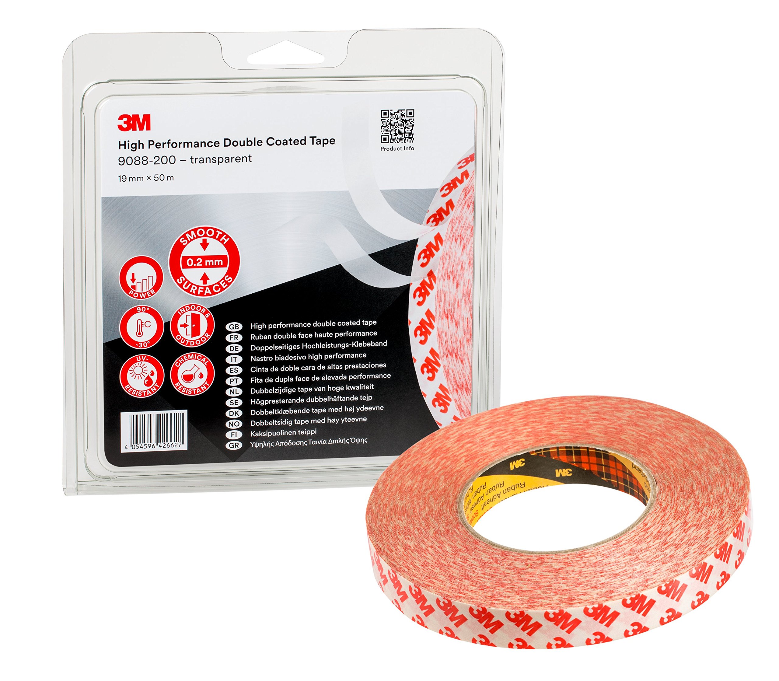 3M High Performance Double Sided Adhesive Tape 9088-200 - Ideal for applications requiring high adhesion and high transparency - 19mm x 50m, Clear (1 Roll)