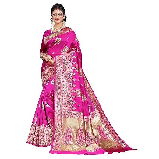 Womens Jacquard Zari Work Floral Pattern Saree (Pink)