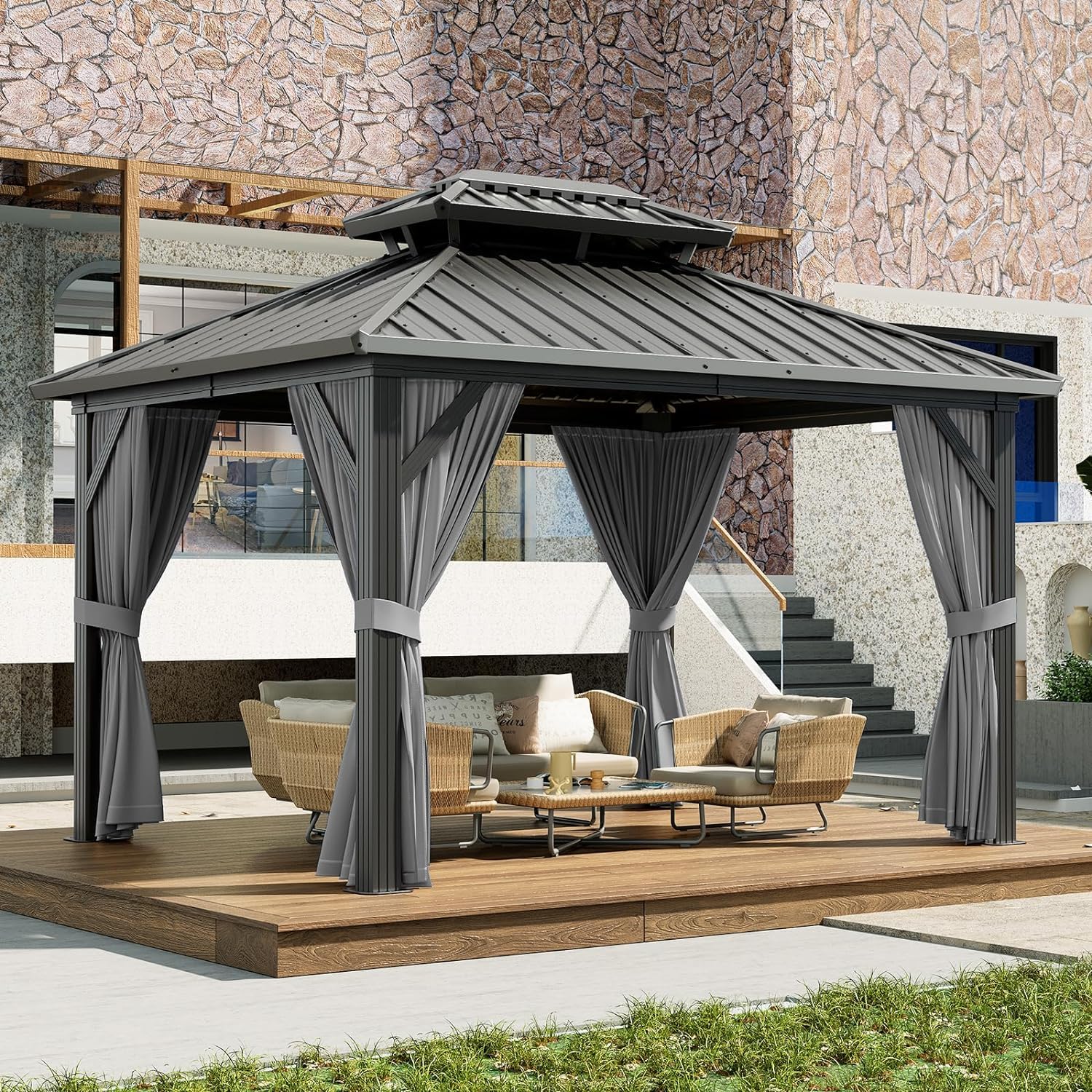 Photo 1 of **BOX B ONLY/INCOMPLETE SET/METAL ROOF PARTS ONLY**GarveeLife 10x12ft Gazebo, Hardtop Double Roof Canopy with Netting and Curtains, Wood Grain Outdoor Gazebo Galvanized Iron Aluminum Frame Garden Tent for Patio, Backyard, Deck, Lawns