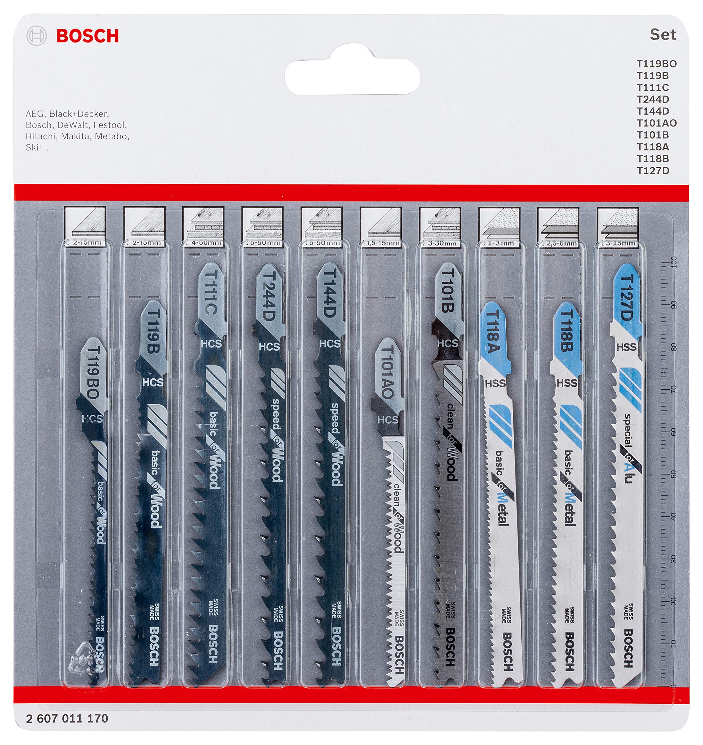 Bosch Professional 2607011170 10 piece jigsaw blade set (for wood and metal, accessories for jigsaw with T-shank holder), 0.5 cm*16.7 cm*15.7 cm