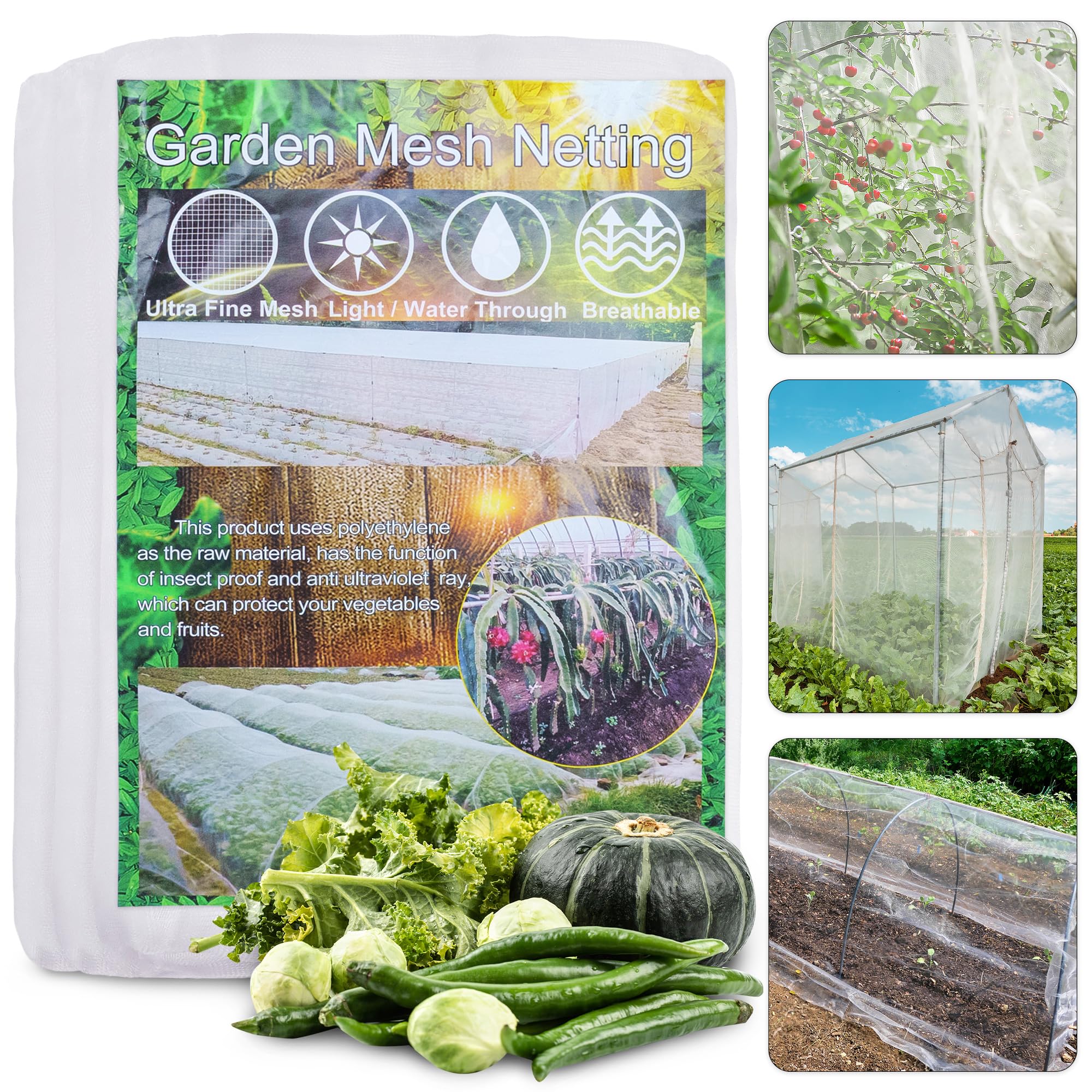 Insect Garden Mesh Netting,3m x 10m Fine Mesh Netting Anti Bird Butterfly Net for Vegetables Plants Fruits Flowers Protection (3x10M)