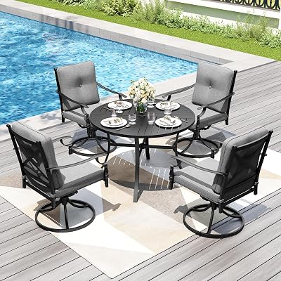 PHI VILLA 5 Pieces Outdoor Round Dining Set for 4, Steel Circle Table with Umbrella Hole & Swivel Wrought Iron Gray Chairs, Modern Dining Furniture Set with Cushions for Patio, Deck, Yard, Porch