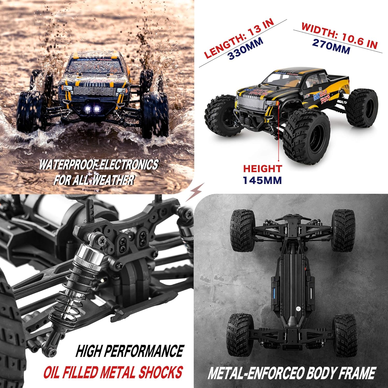 BEZGAR 1 Hobbyist Grade 1:12 Scale Remote Control Truck, 4WD High Speed 42 Km/h All Terrains Electric Toy Off Road RC Monster Vehicle Car Crawler with 2 Rechargeable Batteries for Boys Kids and Adults: Toys & Games