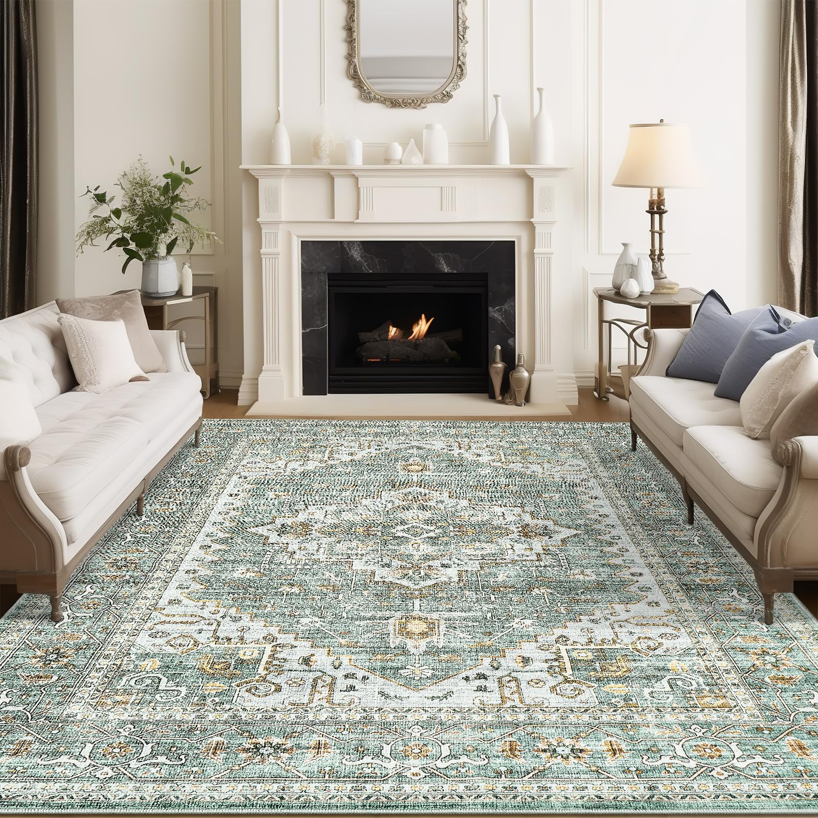 Photo 1 of befbee 8x10 Area Rugs for Living Room, Stain Resistant Neutral Washable Rugs for Dining Room, Floral Vintage Non-Slip Thin Large Size Area Rug ?Green?