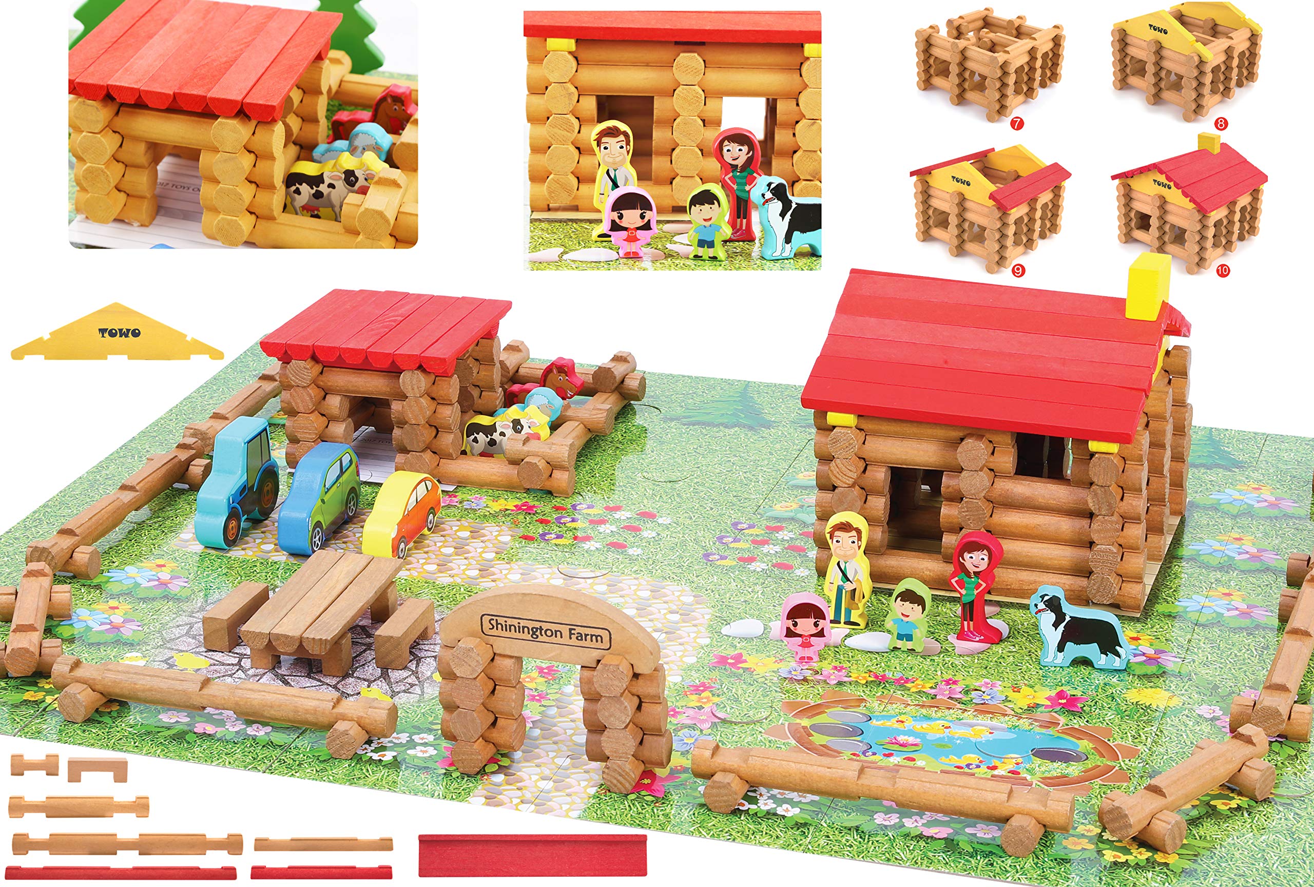 TOWO Wooden Logs Building Set - Farm House Construction Toys Playset 207 Pieces Animal Farm - Wooden Building Toys for 3 - 6 Year Olds