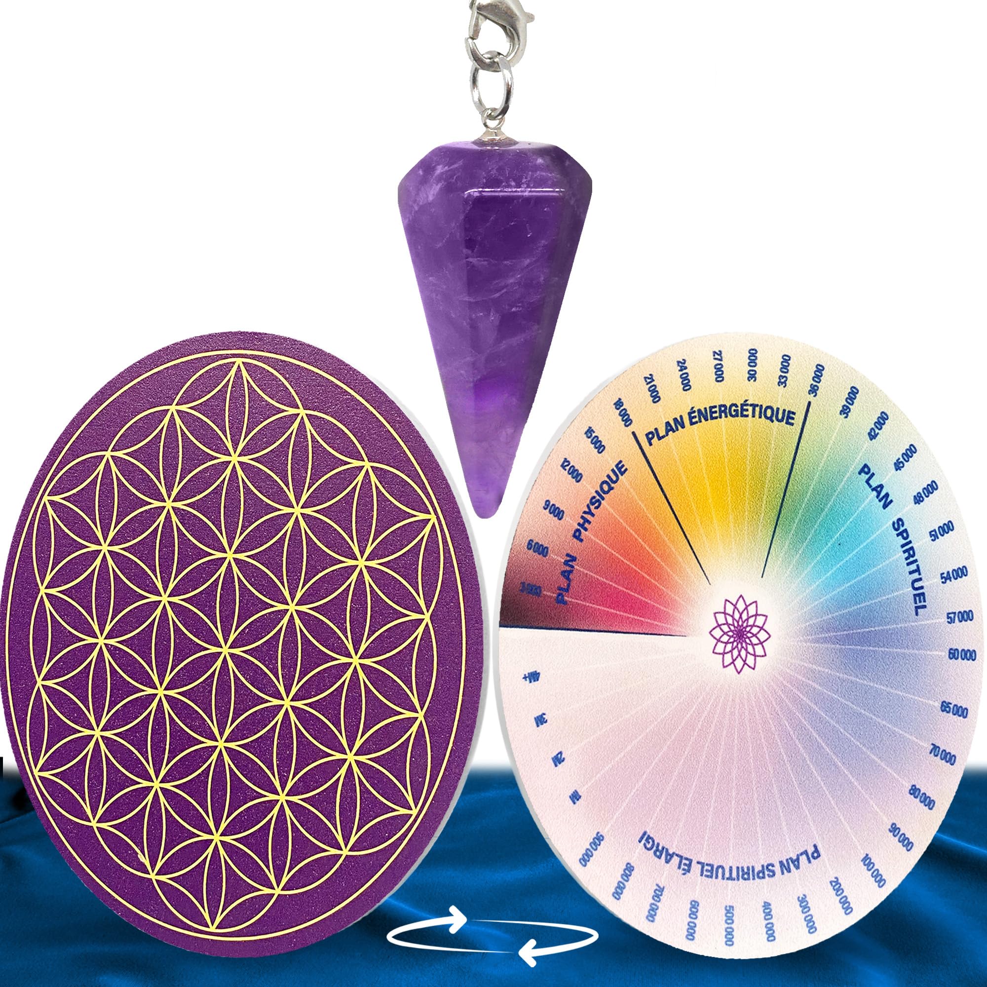 Vibratis Divinatory Pendulum Amethyst + Flower of Life PVC to Refill Stones and Pendulums & Bovis Scale – 11.5 cm | 100% Made in France